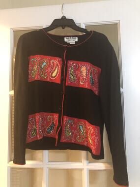 JACK B. QUICK - Beaded & Embroidered - Black & Red - CARDIGAN SWEATER size PM